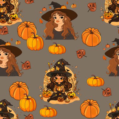 Cadılar Bayramı 'nda cadılar, balkabakları ve sonbahar elementleri vektör sanatında kusursuzdur.