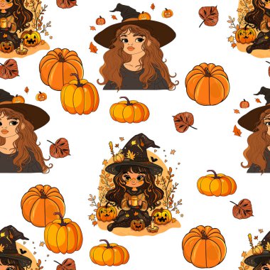 Cadılar Bayramı 'nda cadılar, balkabakları ve sonbahar elementleri vektör sanatında kusursuzdur.