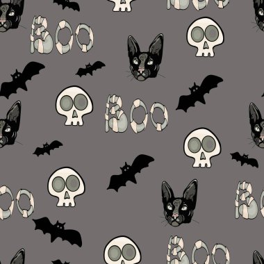 Spooky Halloween seamless pattern with skeletons, skulls, and cats on a dark background. A spooky seamless vector pattern with skeletons, skulls, black cats, and Halloween clipart