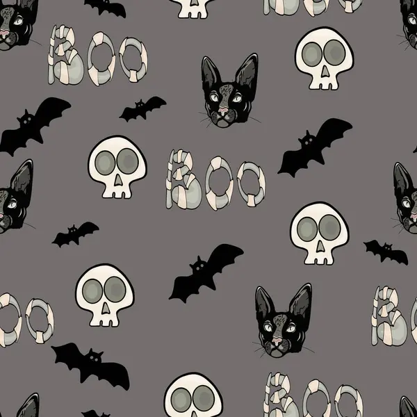 stock vector Spooky Halloween seamless pattern with skeletons, skulls, and cats on a dark background. A spooky seamless vector pattern with skeletons, skulls, black cats, and Halloween