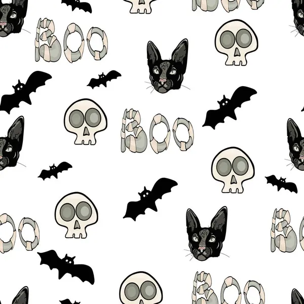 stock vector Spooky Halloween seamless pattern with skeletons, skulls, and cats on a dark background. A spooky seamless vector pattern with skeletons, skulls, black cats, and Halloween