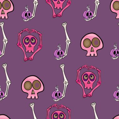 Mor bir arka planda pembe kafatasları ve iskelet kemikleri olan tuhaf bir Cadılar Bayramı temalı vektör deseni. Eğlence ve tuhaf Cadılar Bayramı tasarımları, çocuk ürünleri ve tatil ambalajları için mükemmel.