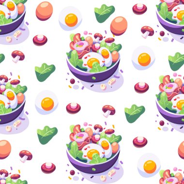 A colorful and vibrant seamless pattern featuring a bowl of salad with eggs, mushrooms, and vegetables. This vector design is ideal for healthy food packaging, kitchen decor, and food-related projects clipart