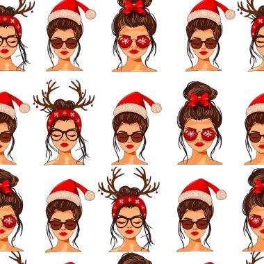 Noel Baba şapkaları ve ren geyiği boynuzları gibi Noel aksesuarları ve güneş gözlüğü takan şık kızların yer aldığı şenlikli ve şık bir kusursuz vektör deseni. Tatil temalı tasarımlar, ambalaj kağıtları ve mevsimlik moda için mükemmel.