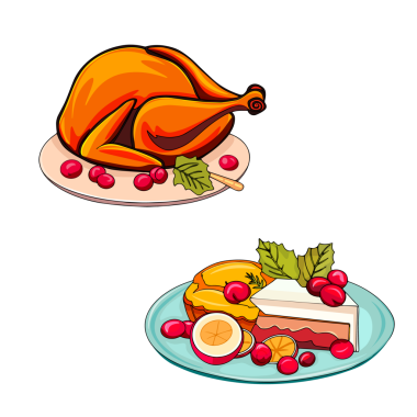 Renkli Şükran Günü yemeği, kızarmış hindi ve tabakta tatlı turtası.