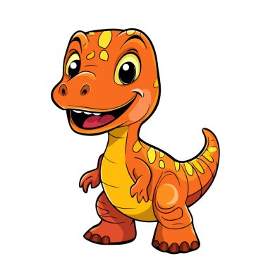 Koca Gözlü Oyuncu Dinozor. Büyük gözleri ve samimi bir gülümsemesi olan sevimli yeşil bir dinozorun çizgi film çizimi. Karakter