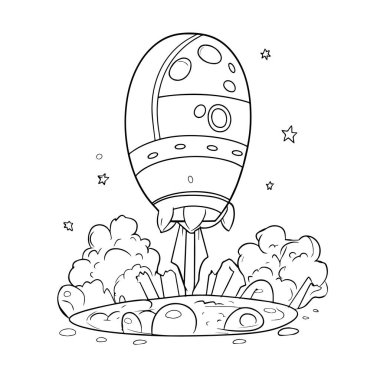 Roket Fırlatma Renk Sayfası Tasviri. Siyah ve Beyaz Roket Kalkış Tasarımı