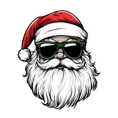 Modern Santa Wearing Sunglasses Vector Design. Trendy Santa Claus with Red Glasses and Santa Hat clipart