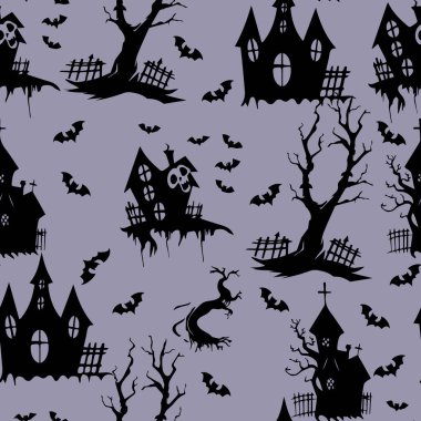 Ürkütücü Hayaletli Evler ve Yarasasız Şablon. Perili Evlerin ve Ağaçların Cadılar Bayramı Silüetleri