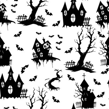 Perili Evlerin Kusursuz Şablonu, Yarasalar ve Siyah Siluette Ölü Ağaçlar. Ürkütücü Cadılar Bayramı Perili Evler ve Gri Arkaplanda Yarasa Örnekleri