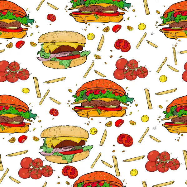 Beyaz Arkaplanda Kusursuz Burger, Patates ve Sebze Örnekleri. Çizgi film Burgerleri, Kızartmalar ve Domatesler Fast Food Destern