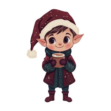 Cozy Christmas Elf with Santa Hat and Cocoa. Charming Holiday Elf Illustration clipart