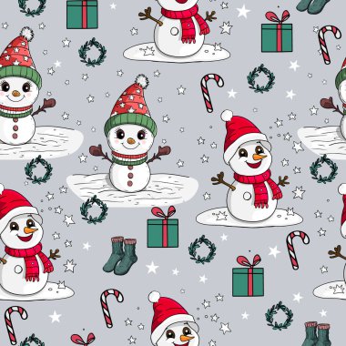 Kardan Adam, Ağaçlar ve Hediyelerle Şirin Noel Şablonu. Kardan Adam ve Ren Geyiği Tatili Şablonu