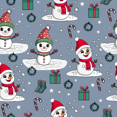 Kardan Adam, Ağaçlar ve Hediyelerle Şirin Noel Şablonu. Kardan Adam ve Ren Geyiği Tatili Şablonu