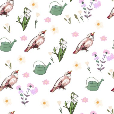 Pattern featuring birds and flowers with green watering cans on a soft pastel background. clipart