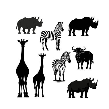 Beyaz arka planda Afrika vahşi hayatının siluetleri arasında zürafalar, zebralar ve gergedanlar var.