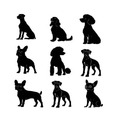 Farklı köpek türlerinin siluetleri, benzersiz şekillerini ve özelliklerini gösteren bir şebekeye yerleştirilmiş.