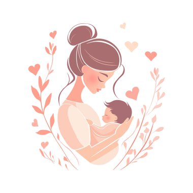 Tender Moment Between Mother and Child in Soft Colors. Illustration of a mother holding her baby surrounded by hearts and soft floral accents clipart