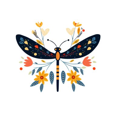 Dragonfly ve Çiçek Tasarımı Halk Sanatı Tarzı.