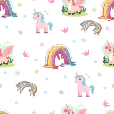 Fantasy-Themed Seamless Pattern with Unicorns and Dripping Rainbows. Pastel Unicorn and Rainbow Illustration for Kids. Magical Pastel Design with Unicorns clipart