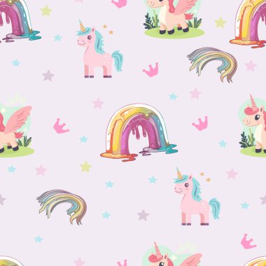 Tek boynuzlu atlar ve Damlayan Gökkuşağı ile Fantezi Temalı Kusursuz Desen. Pastel Tekboynuz ve Çocuklar için Gökkuşağı Çizimi. Tekboynuzlu Sihirli Pastel Tasarımı