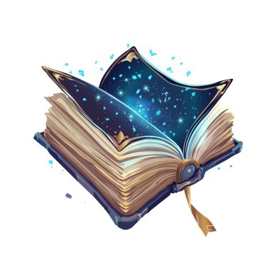 Parlayan Yıldızlarla Büyülü Açık Kitap. Pırıltılı Sayfalarla Büyülü Kitap İllüstrasyonu. Yıldızlı Fantezi Kitap Tasarımı