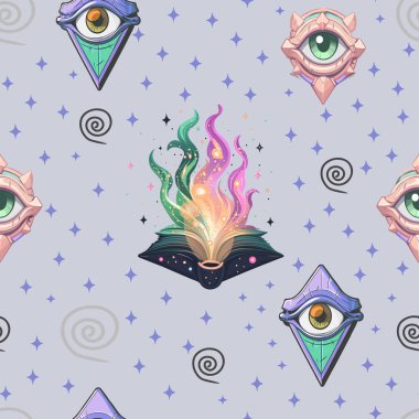 Seamless Pattern with Magical Books and Mystic Eyes. Design with Enchanted Books and All-Seeing Eyes. Mystical Featuring Eye Symbols clipart