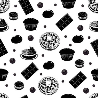 Seamless Pattern of Desserts on Pink Background. Black and White Pastry Illustration with Pink. Stylish Food Illustration with Sweets and Pastries clipart