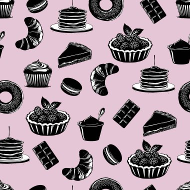 Seamless Pattern of Desserts on Pink Background. Black and White Pastry Illustration with Pink. Stylish Food Illustration with Sweets and Pastries clipart