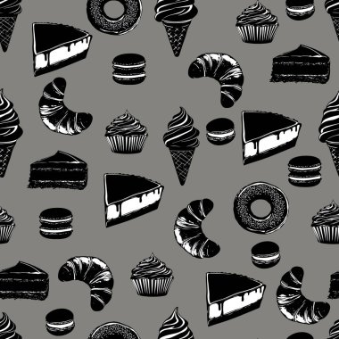 Seamless Pattern of Desserts on Pink Background. Black and White Pastry Illustration with Pink. Stylish Food Illustration with Sweets and Pastries clipart