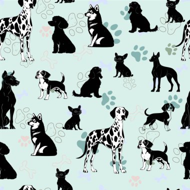Siyah ve Beyaz Köpek Türlerinin Kusursuz Örnekleri. Çeşitli Pozisyonlardaki Köpekler Tek Renkli Çizim. Beyaz Arkaplanda Siyah ve Beyaz Köpek Siluetleri