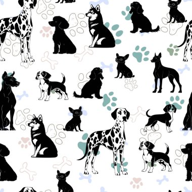 Seamless Pattern of Dog Breeds in Black and White. Monochrome Illustration of Dogs in Various Poses. Black and White Dog Silhouettes on White Background clipart