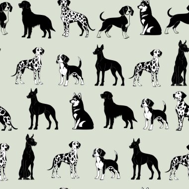 Siyah ve Beyaz Köpek Türlerinin Kusursuz Örnekleri. Çeşitli Pozisyonlardaki Köpekler Tek Renkli Çizim. Beyaz Arkaplanda Siyah ve Beyaz Köpek Siluetleri