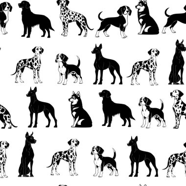 Siyah ve Beyaz Köpek Türlerinin Kusursuz Örnekleri. Çeşitli Pozisyonlardaki Köpekler Tek Renkli Çizim. Beyaz Arkaplanda Siyah ve Beyaz Köpek Siluetleri