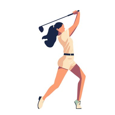Hareketli Poz 'da Kadın Golf Kulübü. Minimalist stilde bayan golfçü illüstrasyonu. Dinamik Golf Salıncak