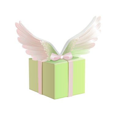 Gift Box with Angel Wings and Pink Ribbon. Fantasy Present with Wings and Bow. Surreal Flying Gift with Elegant Wings clipart