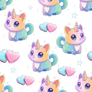 Şirin Kawaii Caticorn ve Kalp Kurabiyeleri Kusursuz Şablon. Yıldız ve Kalpli Sevimli Tek Boynuzlu At Kedi Çizimi. Pastel Elementli Renkli Caticorn Tasarımı