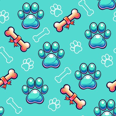 Playful Dog-Themed Design with Paw Prints and Treats. Bright Paw Print and Bone Pattern on Turquoise Background. Cute Animal Paws and Bones clipart