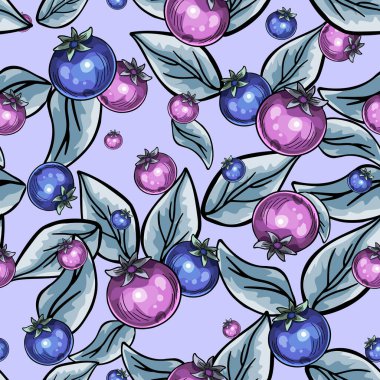 Mor Arkaplanda Kusursuz Yaban mersini ve Yaprakları Örnekleri. Canlı Böğürtlen ve Yaprak Çizimi, Cool Tones 'da. Dekoratif Mavi ve Mor Çilekler
