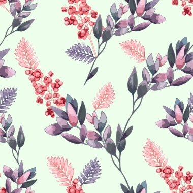 Seamless Botanical Pattern with Leaves and Berries. Pastel Floral and Berry Design on Light Background. Elegant Leaf and Berry Illustration in Soft Tones clipart