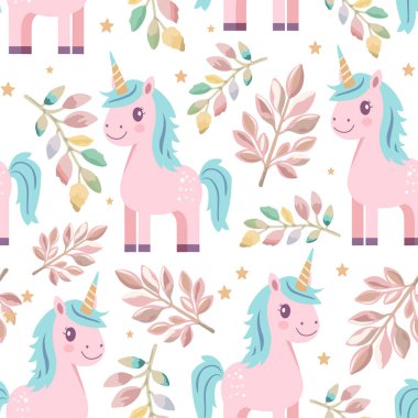 Tek boynuzlu atlar ve Damlayan Gökkuşağı ile Fantezi Temalı Kusursuz Desen. Pastel Tekboynuz ve Çocuklar için Gökkuşağı Çizimi. Tekboynuzlu Sihirli Pastel Tasarımı