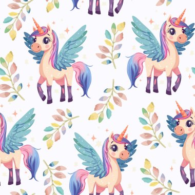 Tek boynuzlu atlar ve Damlayan Gökkuşağı ile Fantezi Temalı Kusursuz Desen. Pastel Tekboynuz ve Çocuklar için Gökkuşağı Çizimi. Tekboynuzlu Sihirli Pastel Tasarımı