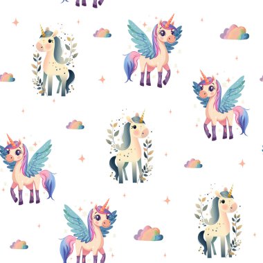 Tek boynuzlu atlar ve Damlayan Gökkuşağı ile Fantezi Temalı Kusursuz Desen. Pastel Tekboynuz ve Çocuklar için Gökkuşağı Çizimi. Tekboynuzlu Sihirli Pastel Tasarımı