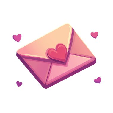 Kalp mührü ve yüzen kalplerle romantik pembe aşk mektubu. Sevimli Sevgililer Günü zarfında kalp şeklinde mühür var.