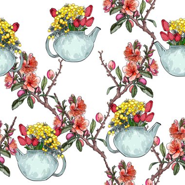 Kuşlar, çiçekler ve botanik elementlerle kusursuz çiçek deseni. Vintage-style doğa esinlenilmiş desen ve kuşlar