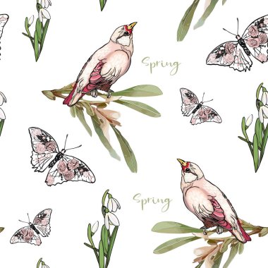 Seamless digital pattern featuring hand-drawn birds, flowers, blooming branches, and vintage-inspired botanical elements, perfect for textiles, wallpapers, and decorative designs clipart