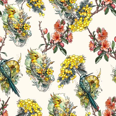 Elle çizilmiş kuşlar, çiçekler, çiçek açan dallar ve klasik botanik elementler, tekstil, duvar kağıtları ve dekoratif tasarımlar için mükemmel.