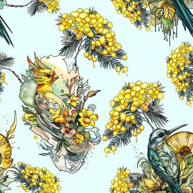 Elle çizilmiş kuşlar, çiçekler, çiçek açan dallar ve klasik botanik elementler, tekstil, duvar kağıtları ve dekoratif tasarımlar için mükemmel.