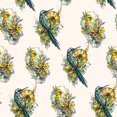 Seamless digital pattern featuring hand-drawn birds, flowers, blooming branches, and vintage-inspired botanical elements, perfect for textiles, wallpapers, and decorative designs clipart