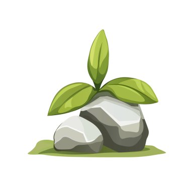 Kayaların arasında büyüyen yeşil bitki. Çizgi film tarzında taşları olan küçük yapraklı bitki.